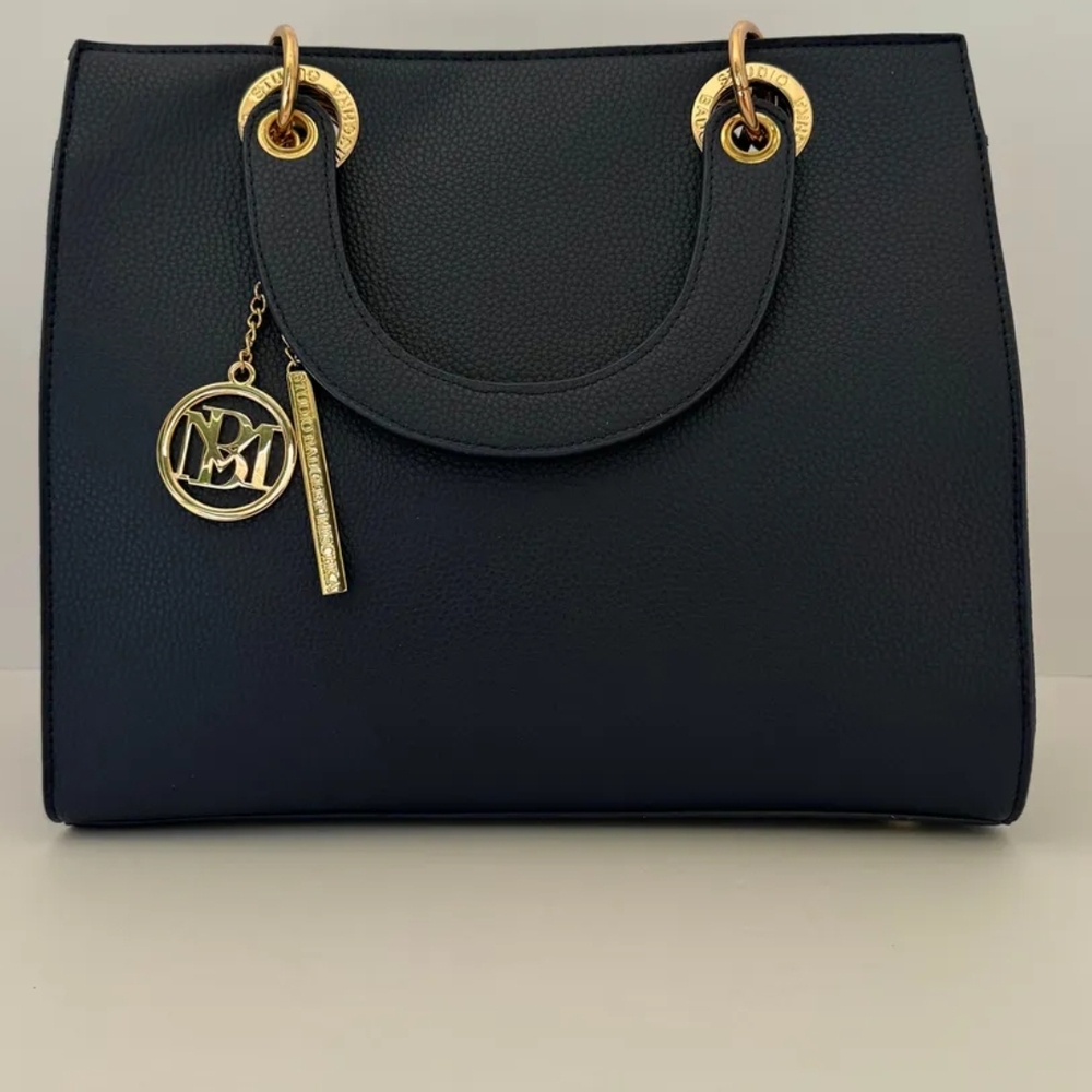 Black Designer Handbag with Gold Accents